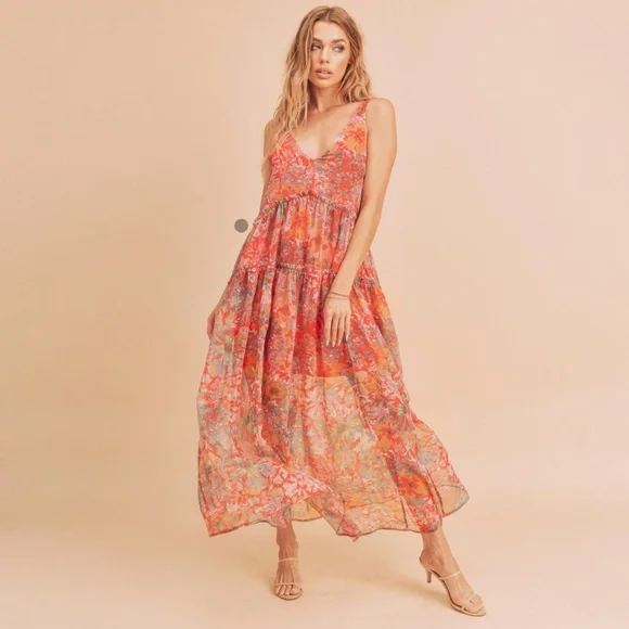 ❤️ AEMI AND CO “ Crimson” AEMI & CO. Floral Tiered Maxi Dress with Pockets BR52 - Picture 9 of 9